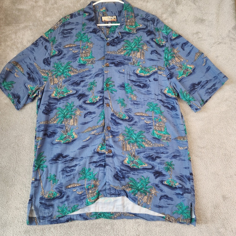 Havana Jacks Cafe Shirt Mens XL Blue Tropical Palm Tree Hawaiian Button Down